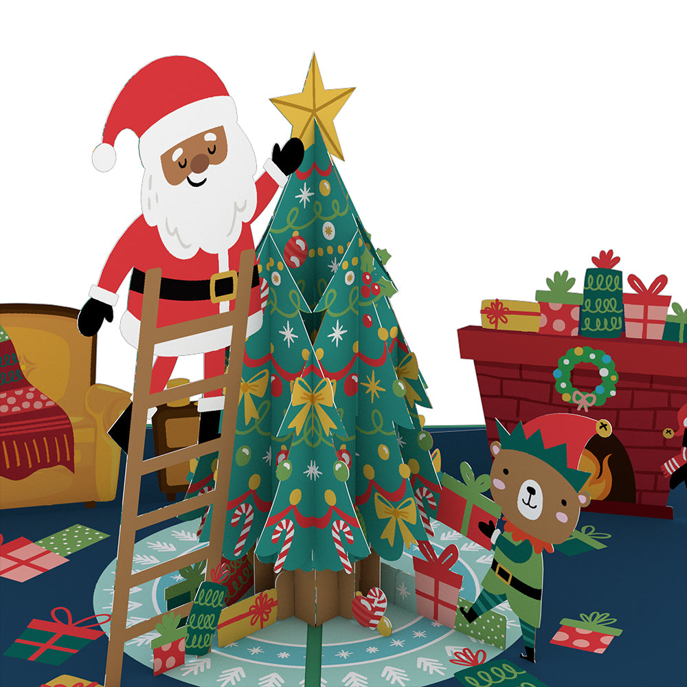 Santa Decorating a Christmas Tree Pop-Up Card