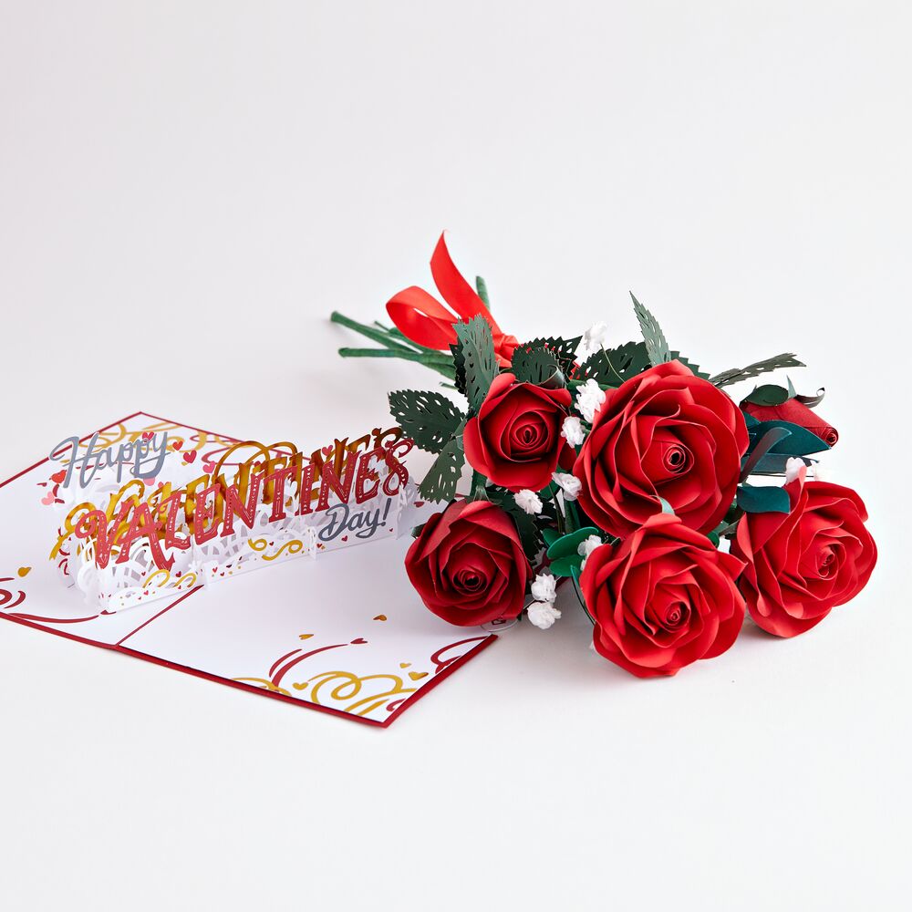 Handcrafted Paper Flowers: Red Roses (6 Stems) with Happy Valentine's Day Pop-Up Card