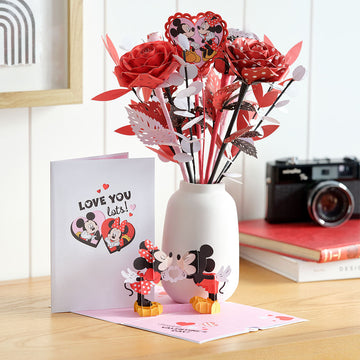 Handcrafted Paper Flowers: Disney's Mickey & Minnie Lovestruck Roses (6-Stem) with Love You Lots Pop-Up Card