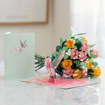 Handcrafted Paper Flowers: Pink & Yellow Roses (12 Stems) with Lovely Hummingbird Pop-Up Card