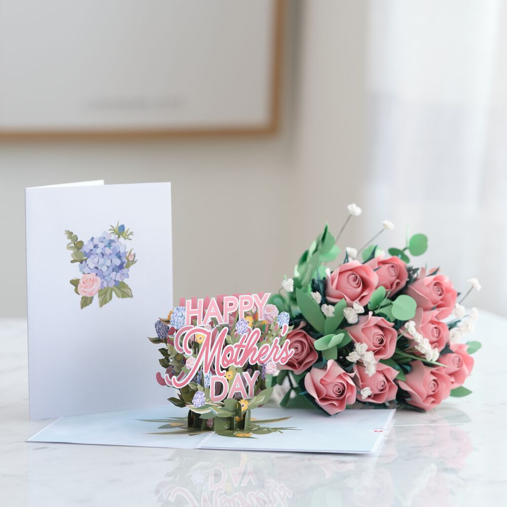 Handcrafted Paper Flowers: Pink Roses (12 Stems) with Happy Mother's Day Pop-Up Card