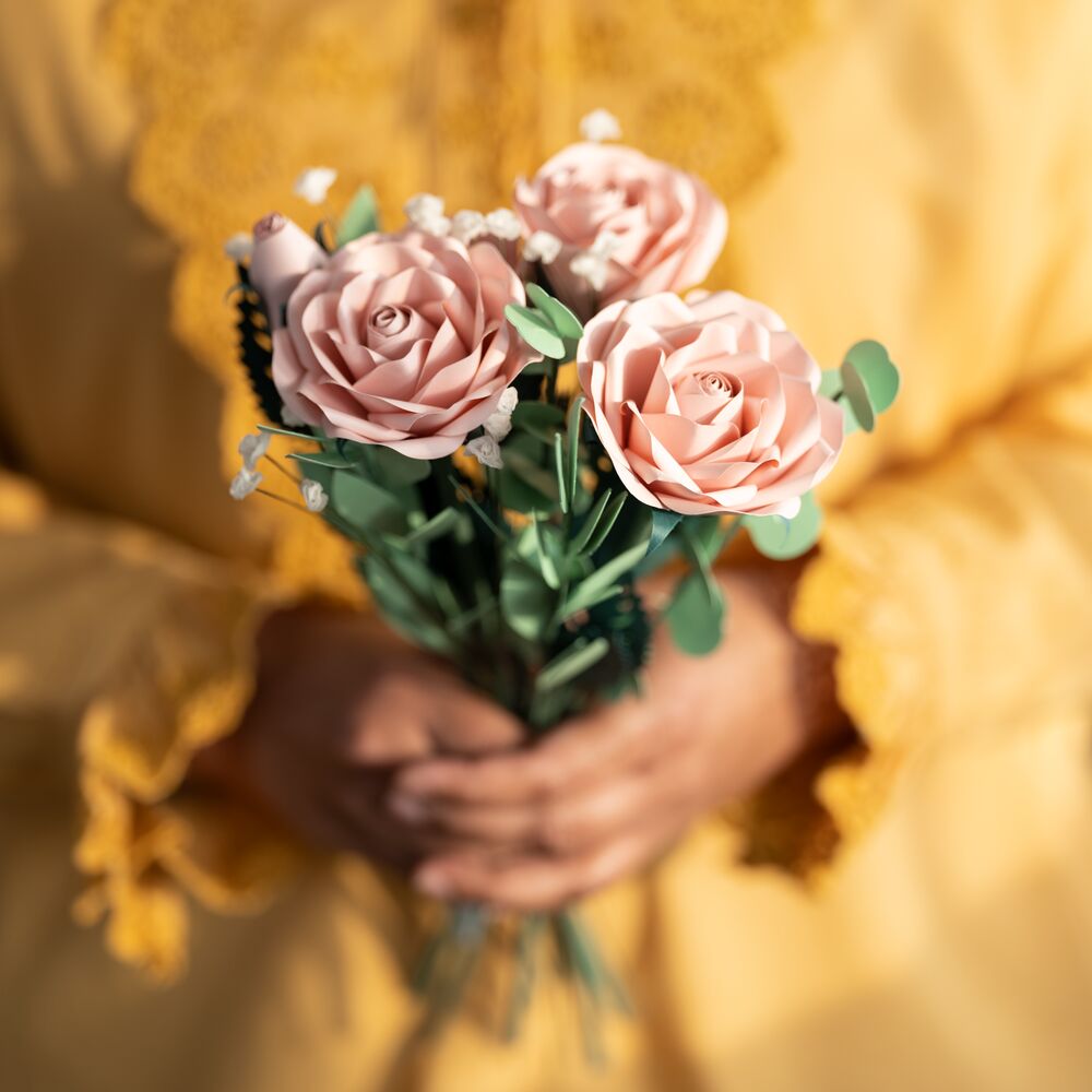 Handcrafted Paper Flowers: Pink Roses (6 Stems) with Monarch Butterfly Pop-Up Card