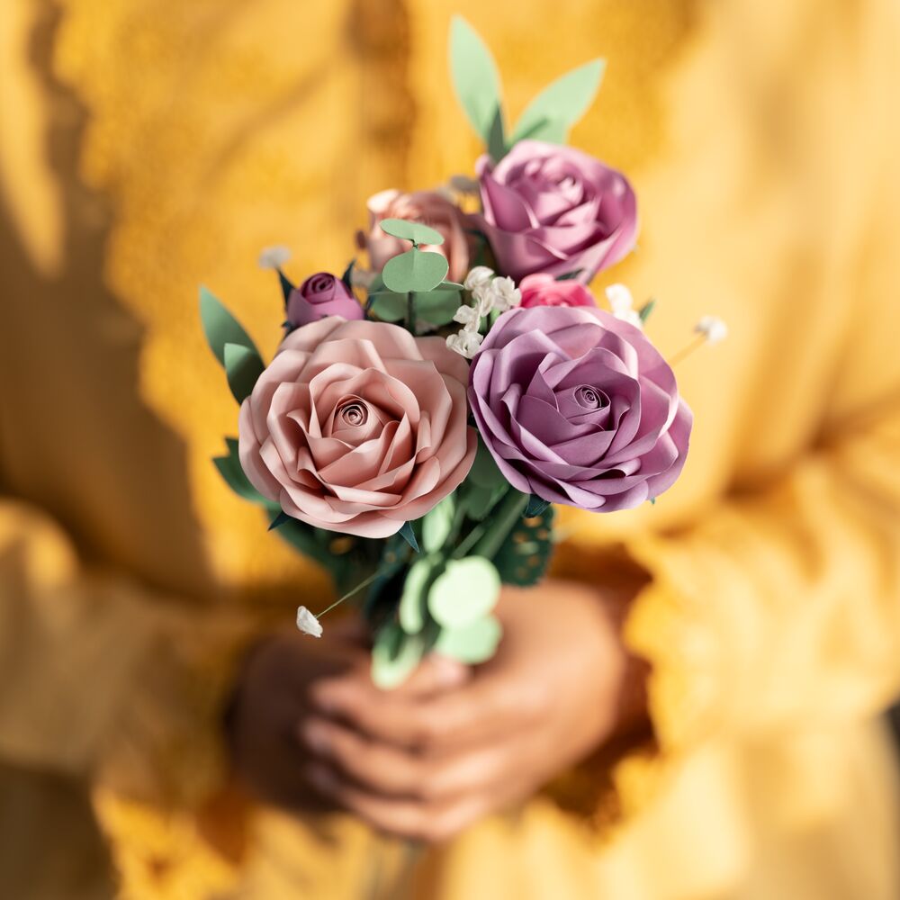 Handcrafted Paper Flowers: Pink & Purple Roses (6 Stems) with Happy Mother's Day Pop-Up Card