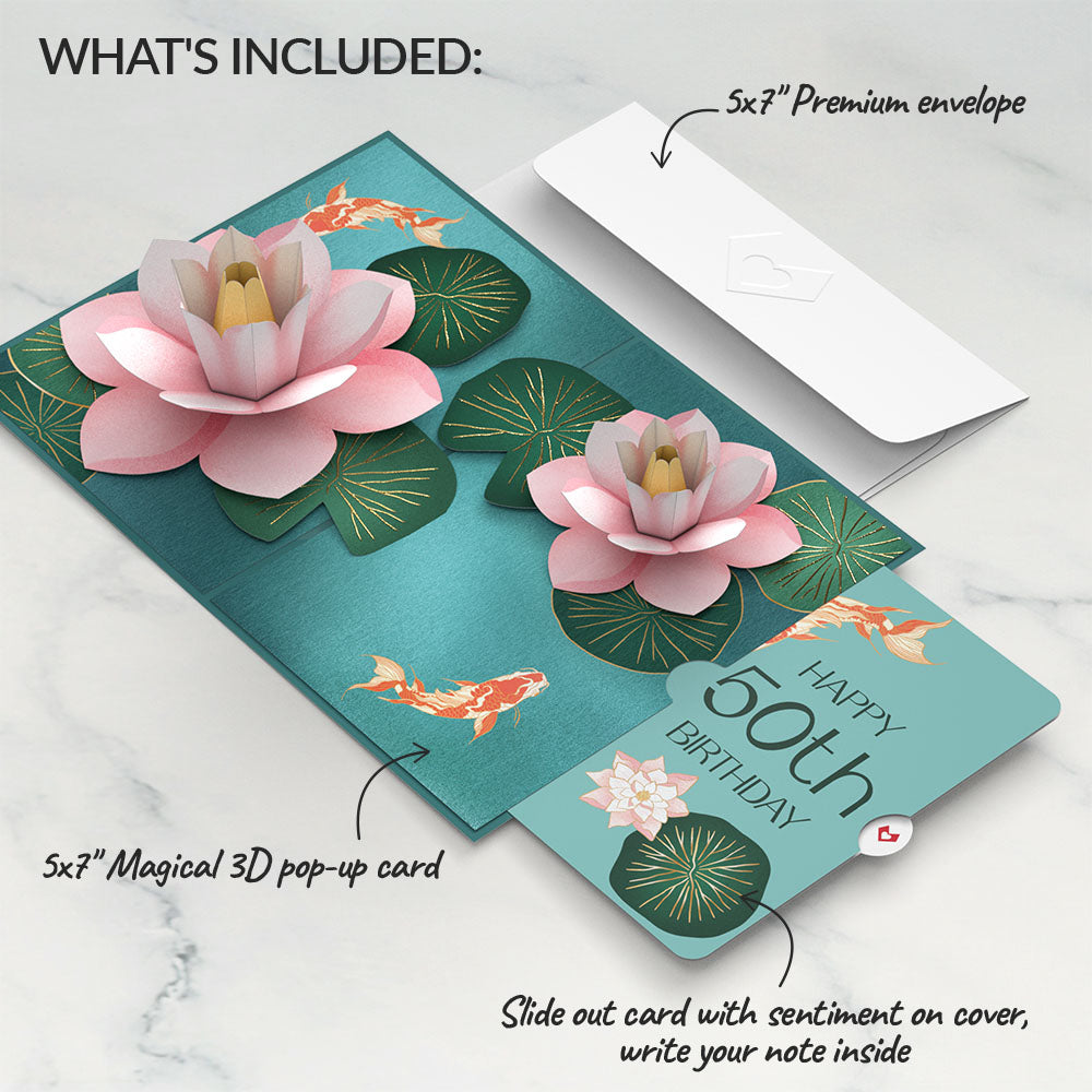 Koi Fish and Lotus 50th Birthday Pop-Up Card and Sentiment Set